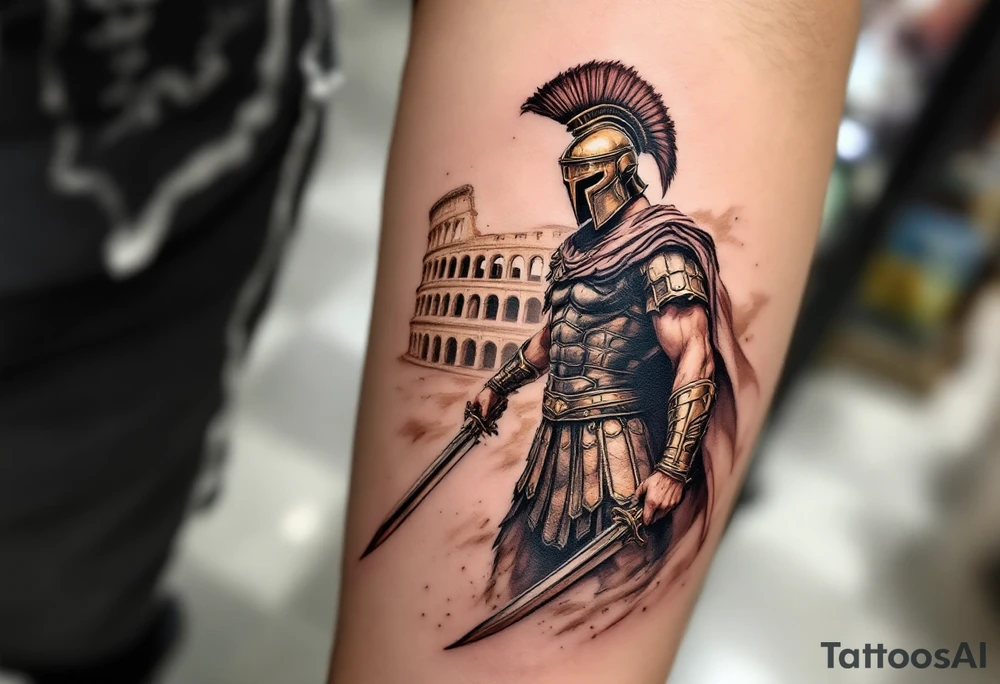 gladiator standing colosseum interior combat sword helmet cape sand wind eagle legion tattoo idea