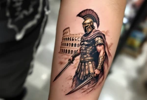 gladiator standing colosseum interior combat sword helmet cape sand wind eagle legion tattoo idea