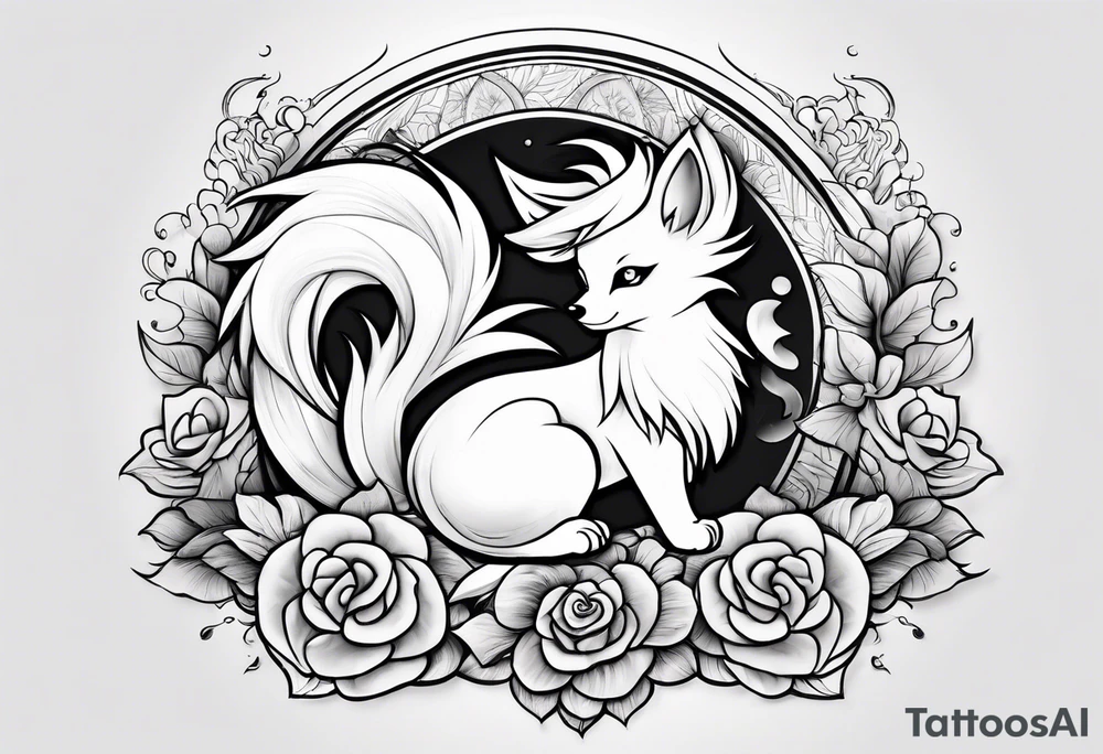 ninetails facing us, small and cute, it's in the center while the tails are surrounding the background tattoo idea