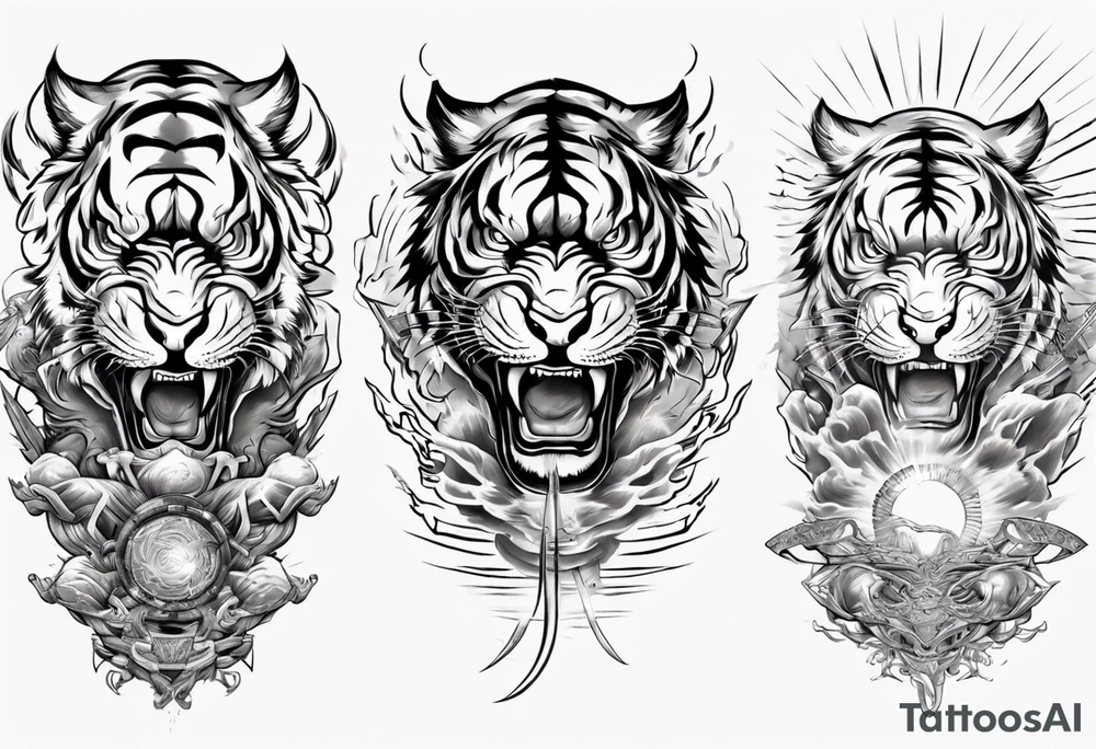 tiger warrior with lightning and the sun for a forearm sleeve tattoo idea