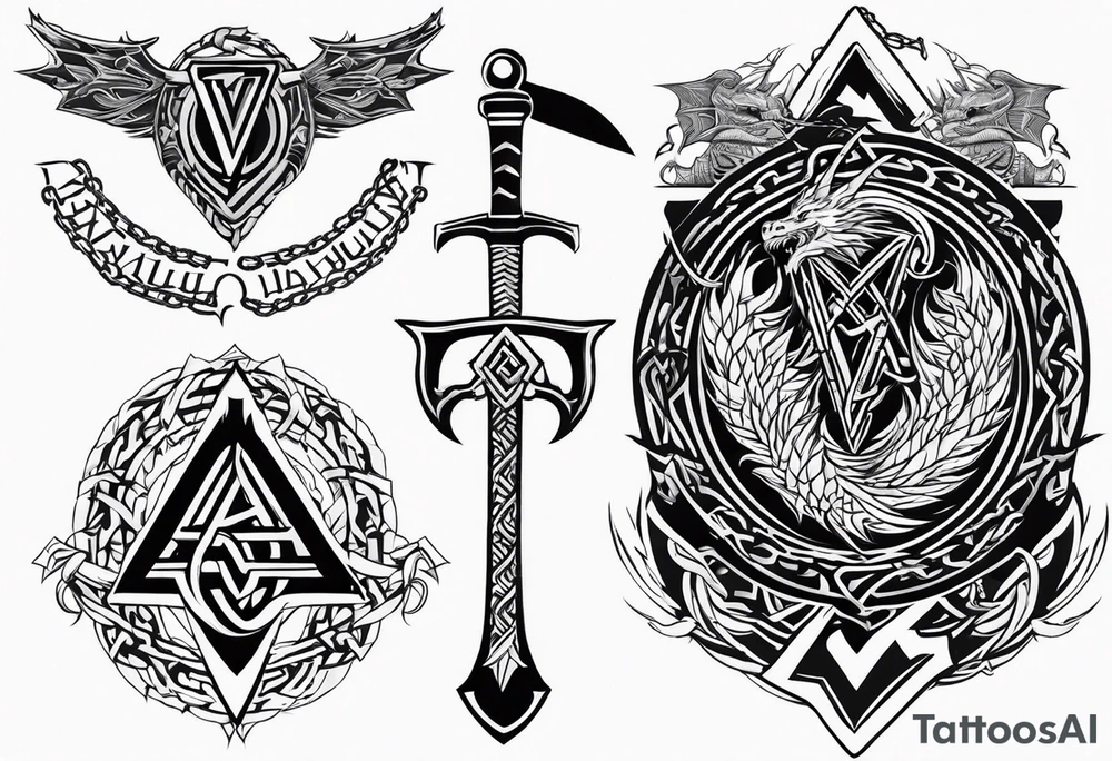 Valhalla sword shield dragon axe Valknut barbed wire chains tribal tattoo idea Valhalla sword shield dragon axe Valknut barbed wire chains tribal tattoo idea