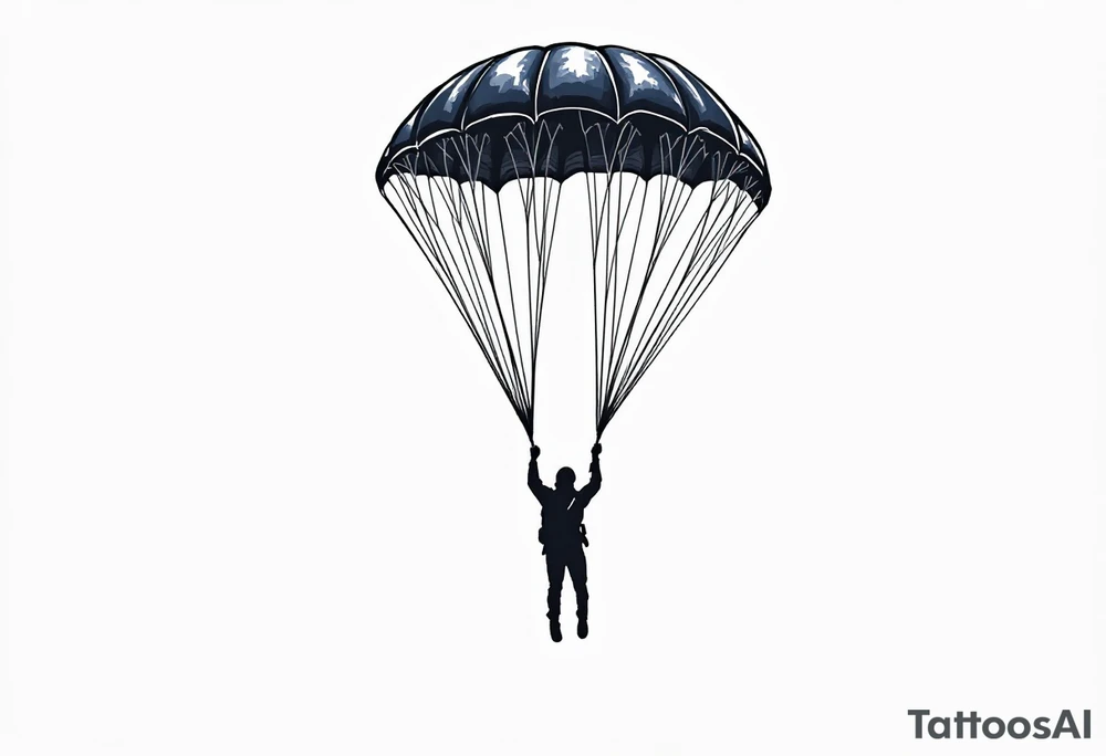 A lone parachutist in dark navy against a muted sky background with soft gray clouds. Represents trust, control, and grace under pressure. tattoo idea