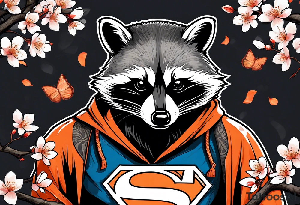 Raccoon wearing a white Superman logo on a black hoodie and orange Japanese cherry blossoms beside tattoo idea
