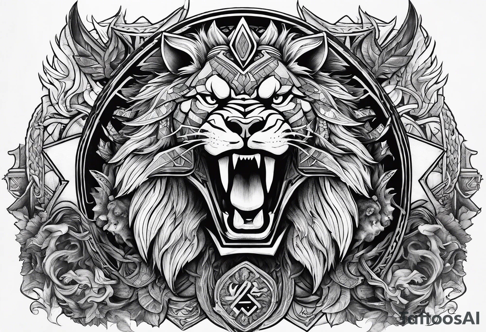 Valhalla sword shield  axe lion dragon 
Valknut  ruins tattoo idea
