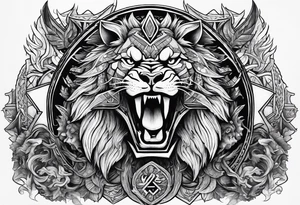 Valhalla sword shield  axe lion dragon 
Valknut  ruins tattoo idea
