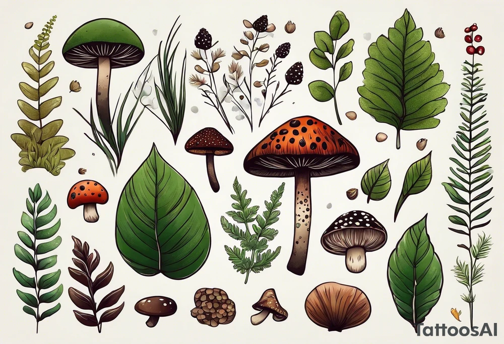 minimalistic forest floor inspired tattoo, which includes grass, moss, curly ferns and dead leaves as the bulk of the tattoo. details to include: forest berries, couple of very small brown mushrooms, a tiny bumblebee flying nearby tattoo idea