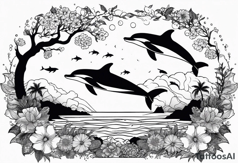 Dolphins beach ocean flowers trees turtles tattoo idea