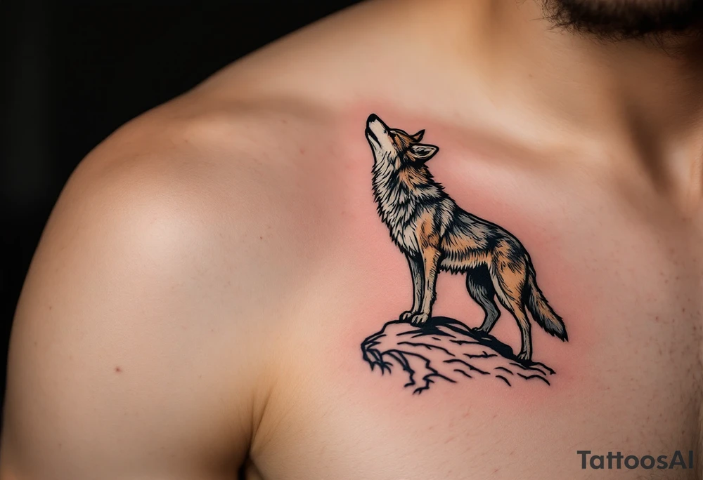 A stylized coyote in sand and charcoal tones, standing on a cliff edge howling at dusk. tattoo idea
