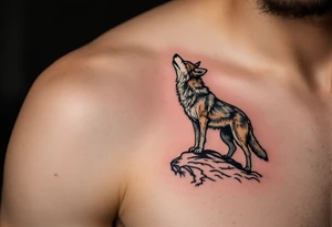 A stylized coyote in sand and charcoal tones, standing on a cliff edge howling at dusk. tattoo idea
