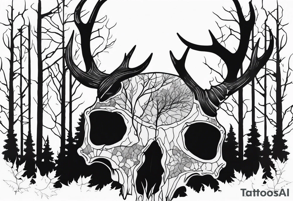 Halloween side view of a DECAYING deer skull JUST BONE surrounded by a forest fire in background tattoo idea