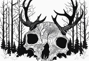 Halloween side view of a DECAYING deer skull JUST BONE surrounded by a forest fire in background tattoo idea