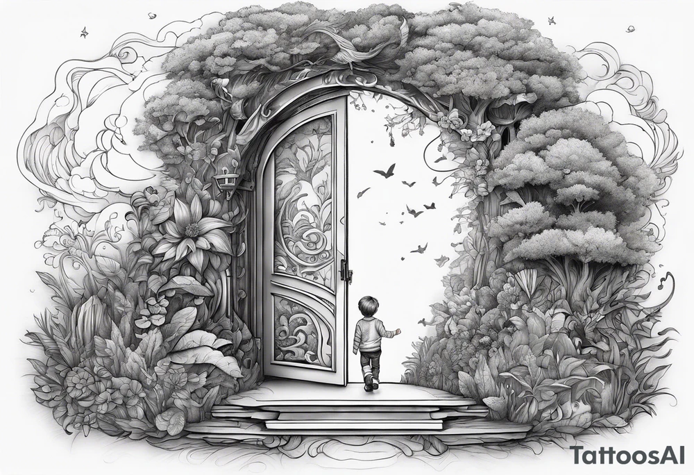 a small boy entering a doorway
 leading to a fantasy world filled with nature tattoo idea