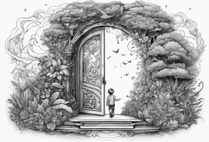 a small boy entering a doorway
 leading to a fantasy world filled with nature tattoo idea