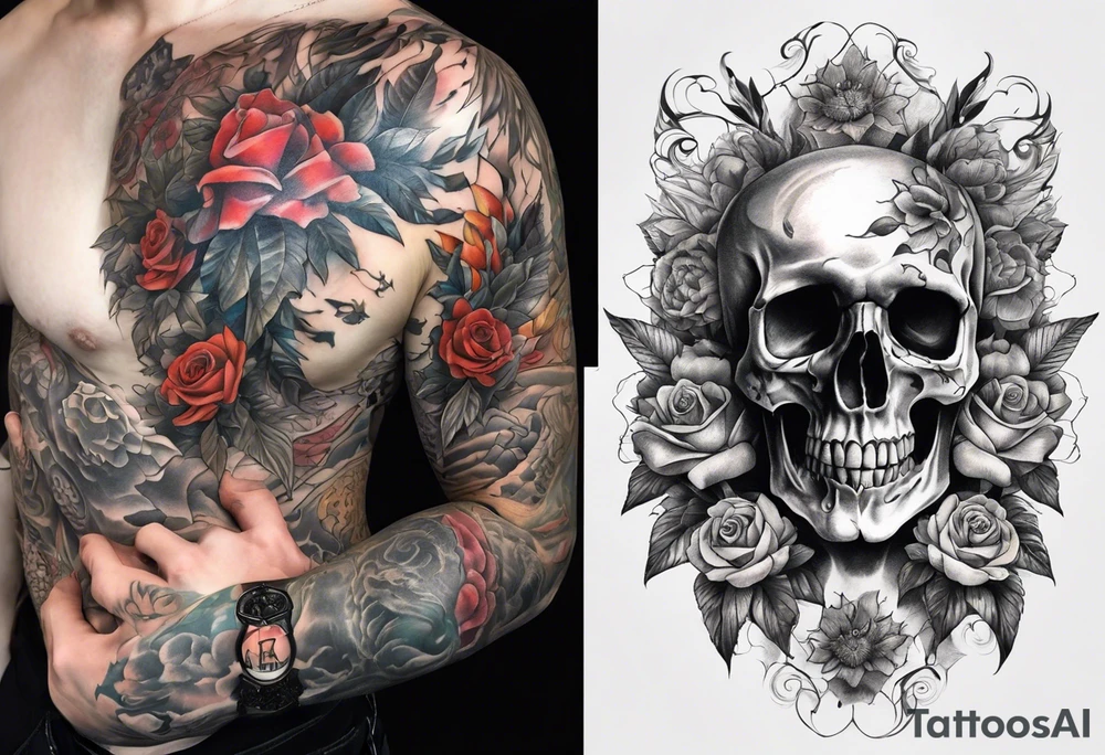 tattoo that fills entire length from shoulder to fingers that symbolizes pain including screaming skulls, dead flowers and more tattoo idea