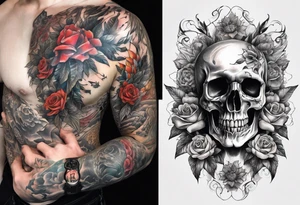 tattoo that fills entire length from shoulder to fingers that symbolizes pain including screaming skulls, dead flowers and more tattoo idea