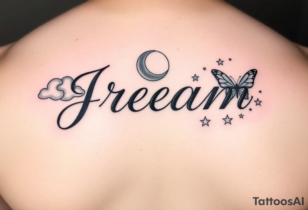 The name Jream in cursive with shaded clouds, a moon and butterfly’s with stars tattoo idea