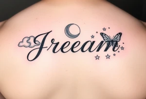 The name Jream in cursive with shaded clouds, a moon and butterfly’s with stars tattoo idea