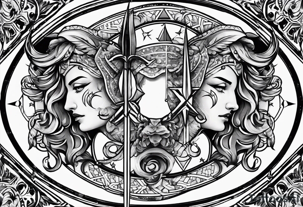 Half Taurus symbol Half Gemini symbol, split down the middle by an arrow. Astrology tattoo idea