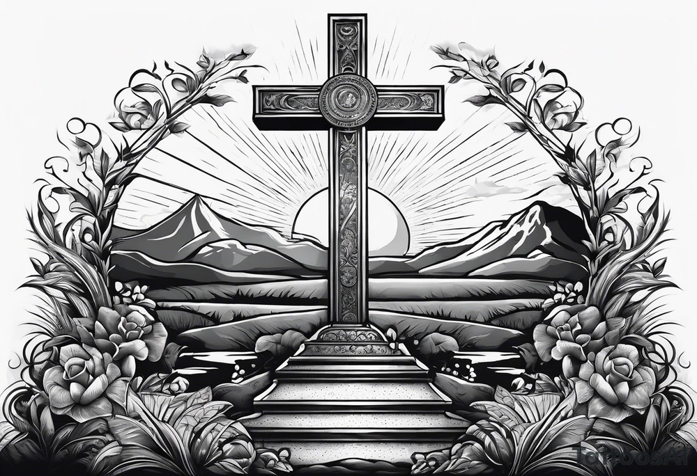 Tomb with cross and sun in the background tattoo idea