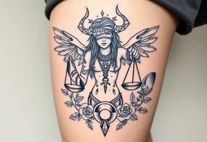 Sylph with dreads wearing blind fold and ankh pendant with tattoos holding weighing scales with the sun and moon rose vines surrounding and Anubis guarding tattoo idea