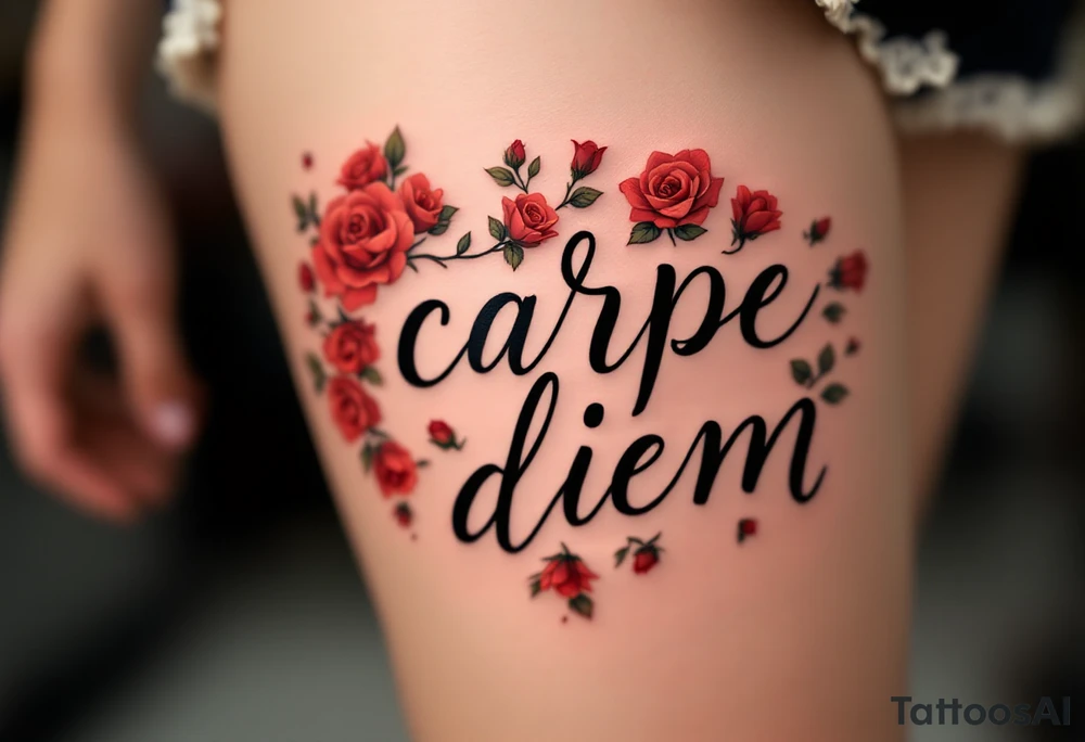 Delicate blackletter calligraphy "carpe diem" with red roses blooming around the text. tattoo idea