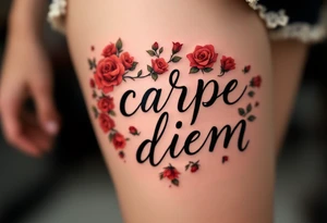 Delicate blackletter calligraphy "carpe diem" with red roses blooming around the text. tattoo idea