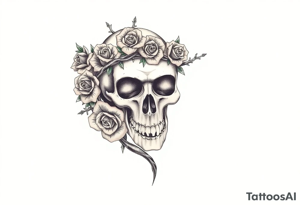 ornate skull adorned with crown of wild roses and thorns tattoo idea