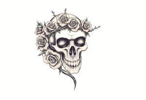 ornate skull adorned with crown of wild roses and thorns tattoo idea