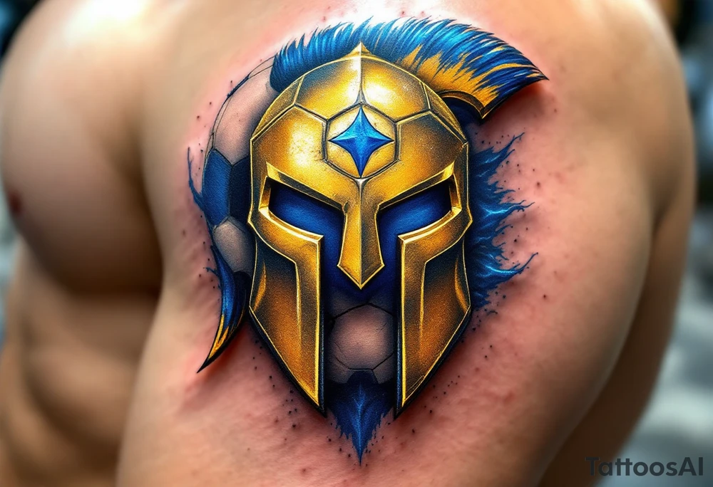 A half-soccer, half-hockey ball fused behind a gleaming golden Sparta "S" logo with blue accents. tattoo idea