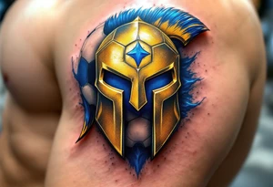 A half-soccer, half-hockey ball fused behind a gleaming golden Sparta "S" logo with blue accents. tattoo idea