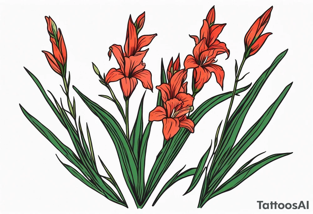 a single, thin, narrow gladiolus stalk. green leaves. coral-colored flowers with deep red centers. tattoo idea