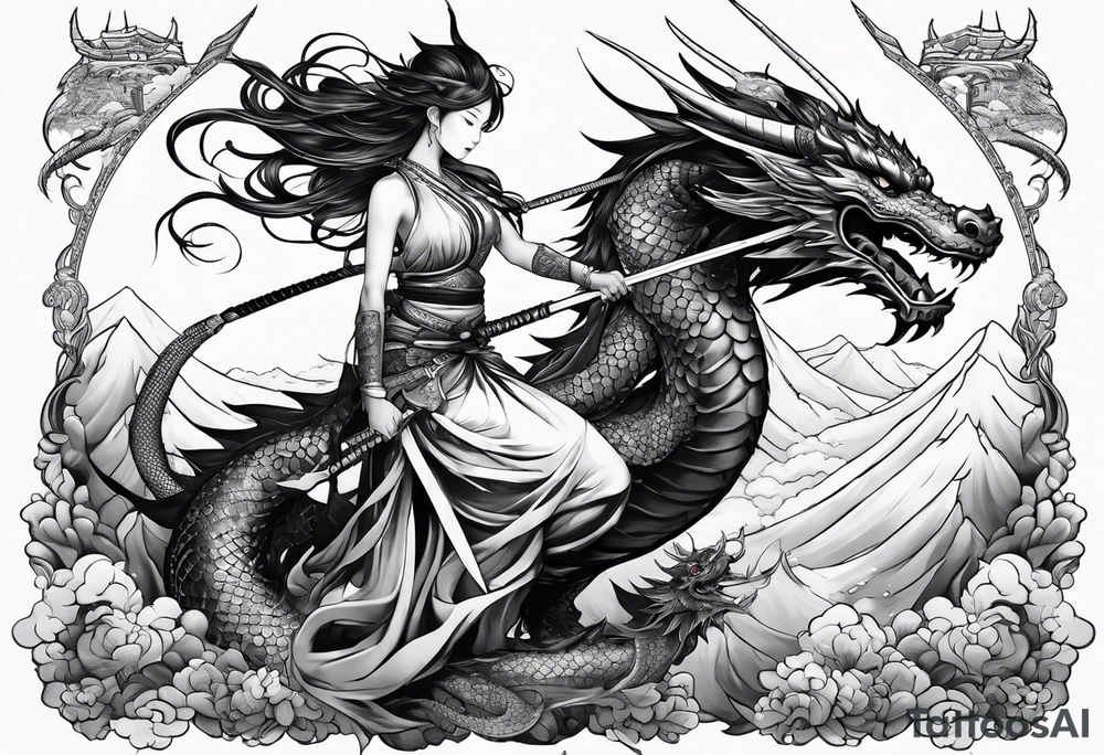 warrior fairy nymph full body with sword and a full dragon with a mountain with cloud and Japanese building background tattoo idea