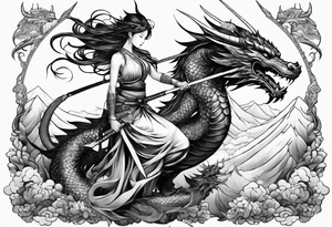 warrior fairy nymph full body with sword and a full dragon with a mountain with cloud and Japanese building background tattoo idea
