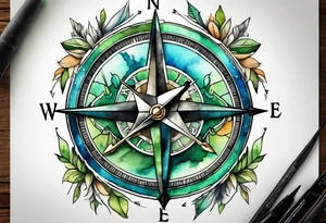 half compass half clock with arrow and watercolor blue and green to symbolize water and earth tattoo idea