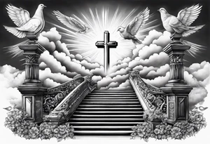 A heavenly stairway to heaven with clouds with a cross with two doves tattoo idea