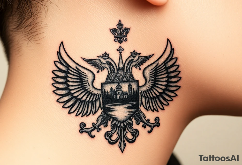 Traditional authentic Russian coat of arms with double headed eagle & a well shaded Christian orthodox virgin marry in the middle with silhouette of a lake in a Russian wilderness Christian orthodoxy dome church village setting on the side of my neck tattoo idea