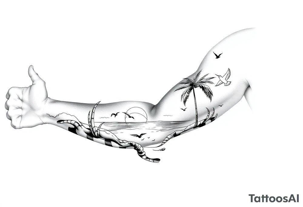 palm tree, sun, beach, birds tattoo idea