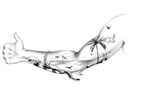 palm tree, sun, beach, birds tattoo idea