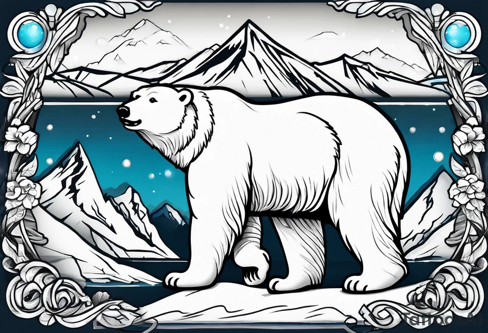 Polar bear wearing ski goggles standing in front of a mountain all inside a snow globe tattoo idea