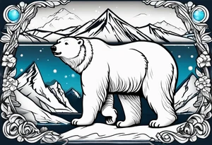 Polar bear wearing ski goggles standing in front of a mountain all inside a snow globe tattoo idea