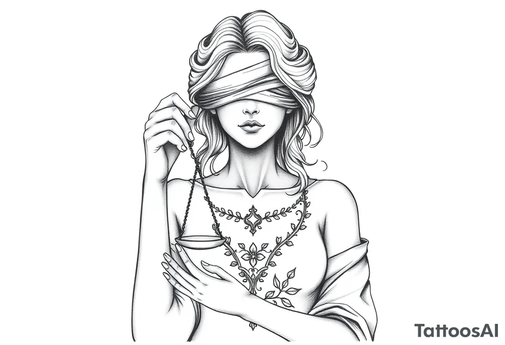 Fortuna's card as a beautiful woman with eyes covered with material, holds a scale in her hands. This character have to be in a card. Do this woman without named tattoo idea