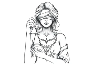 Fortuna's card as a beautiful woman with eyes covered with material, holds a scale in her hands. This character have to be in a card. Do this woman without named tattoo idea