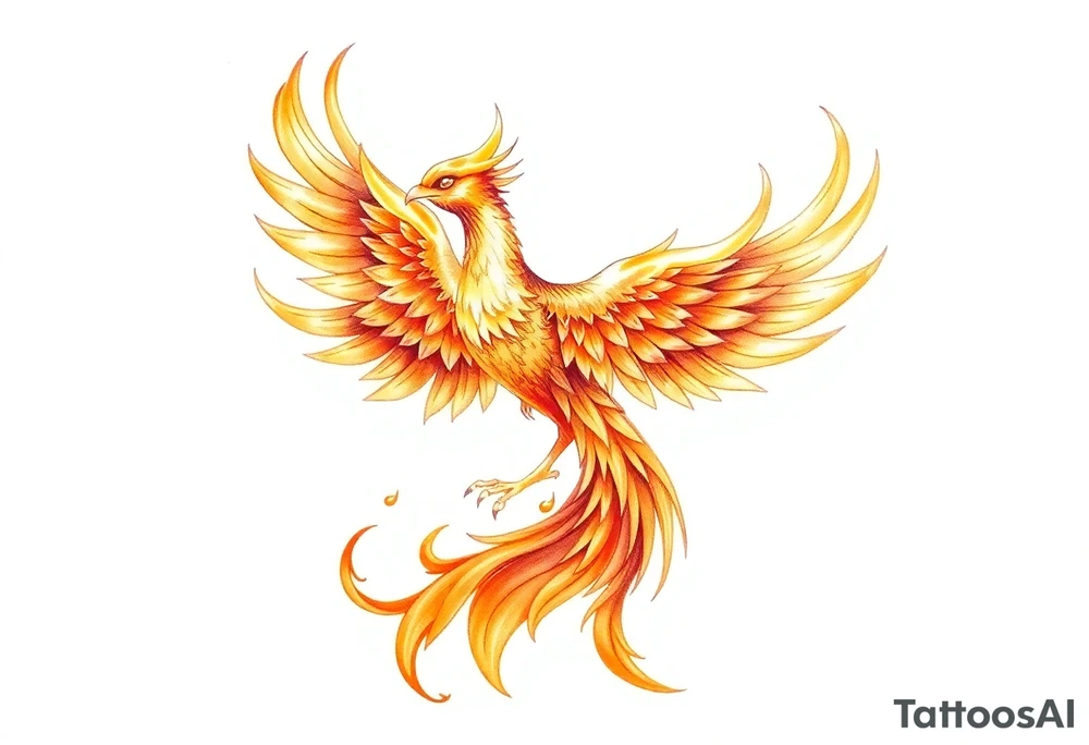 magnificent phoenix rising from golden flames with trailing embers tattoo idea