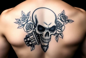 Skull and motorcycle engine with wilting roses tattoo idea