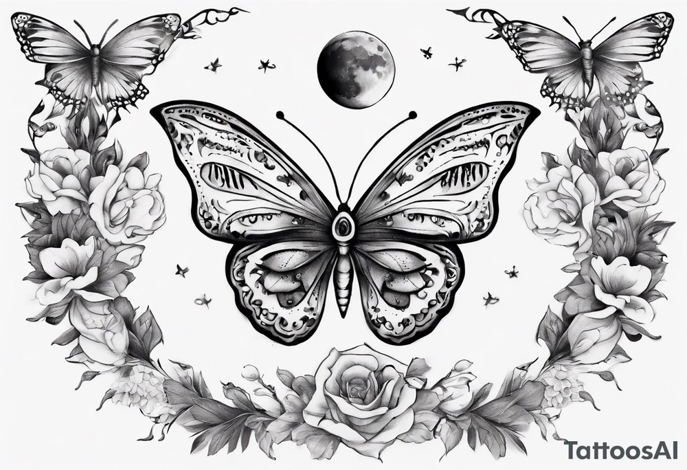 Butterfly wrap tattoos with large centre piece with moon and floral theme. Bracelet around ankle tattoo idea