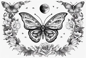 Butterfly wrap tattoos with large centre piece with moon and floral theme. Bracelet around ankle tattoo idea