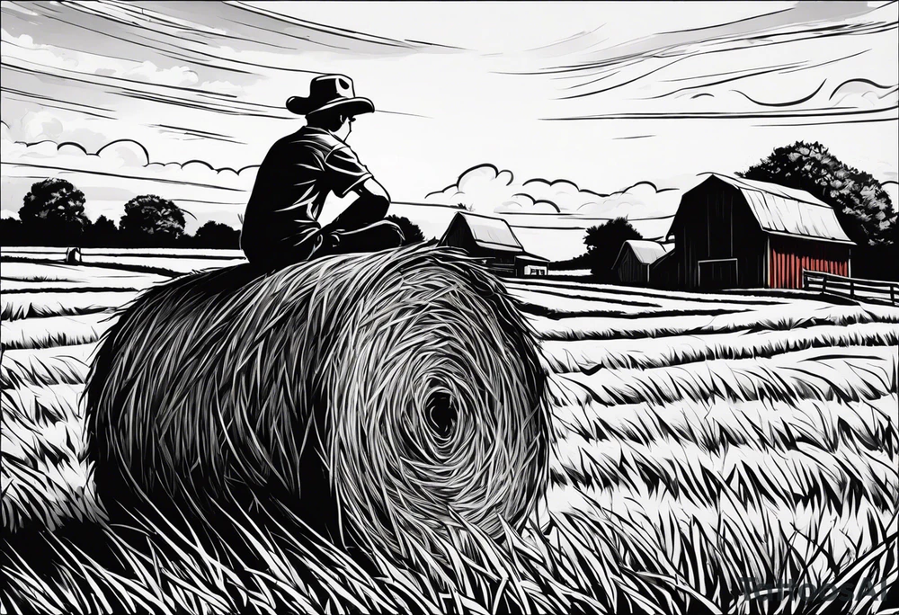 A boy sitting on top of a twisted bale of hay in a field where you can see the same bales of hay in the distance, and a tattoo idea