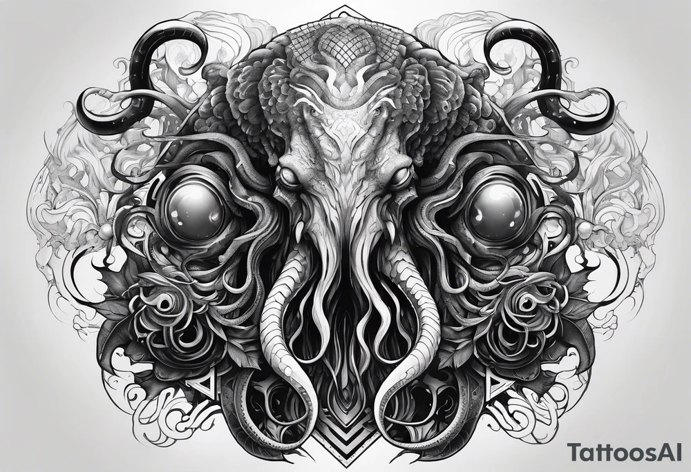 Lovecraftian creature, flowing into more futuristic technology elements. Half sleeve on arm. tattoo idea