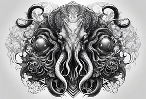 Lovecraftian creature, flowing into more futuristic technology elements. Half sleeve on arm. tattoo idea