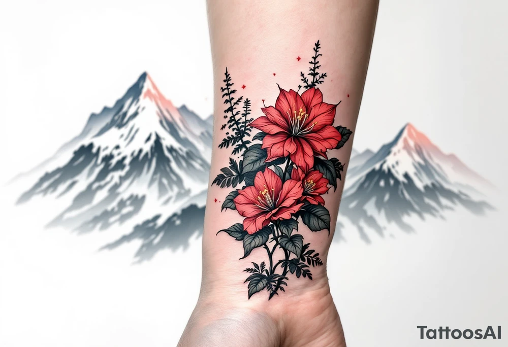 red  and black rhododendron trippy with Himalayas behind tattoo idea